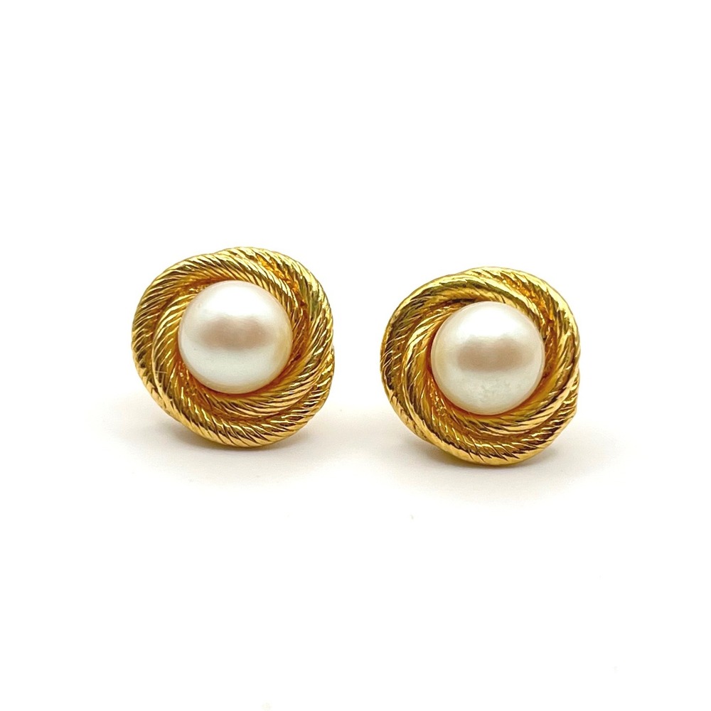 Monet‎ Vintage Gold Tone Faux Pearl Rope Twist Stud Earrings Round Post Backs